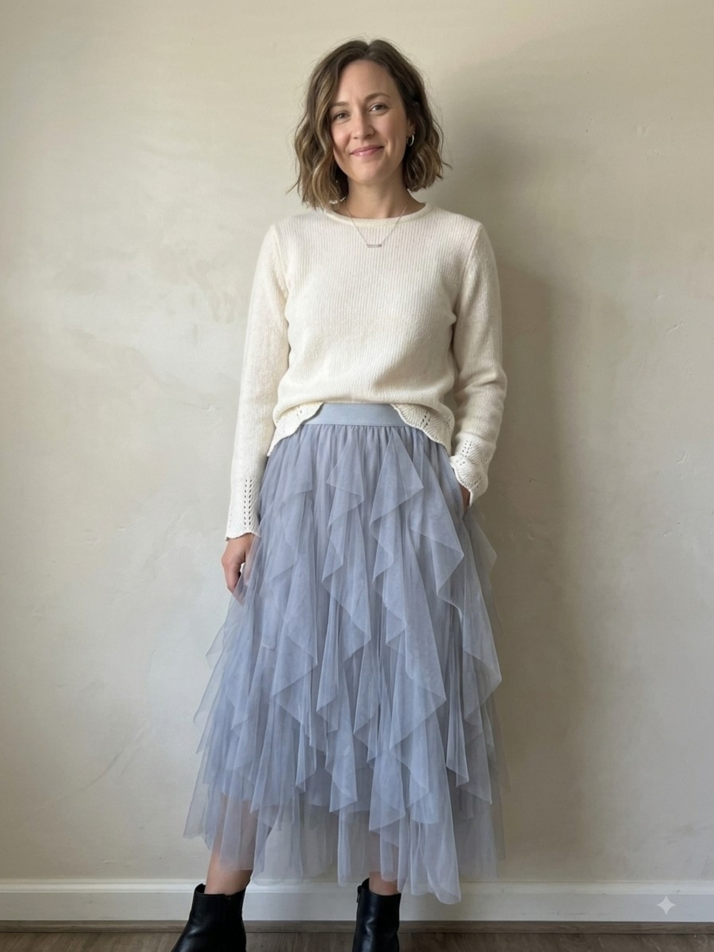 Mercer Street Studio Sweater Tiered Tulle Midi Skirt Set Ivory Gray Cottagecore